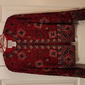 Adrianna Papell Red and Gold Embellished Evening Jacket